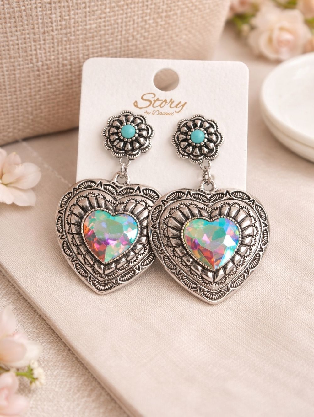 Silver Heart Drop Earrings with Iridescent Crystal and Turquoise Accent - Picture 2 of 6